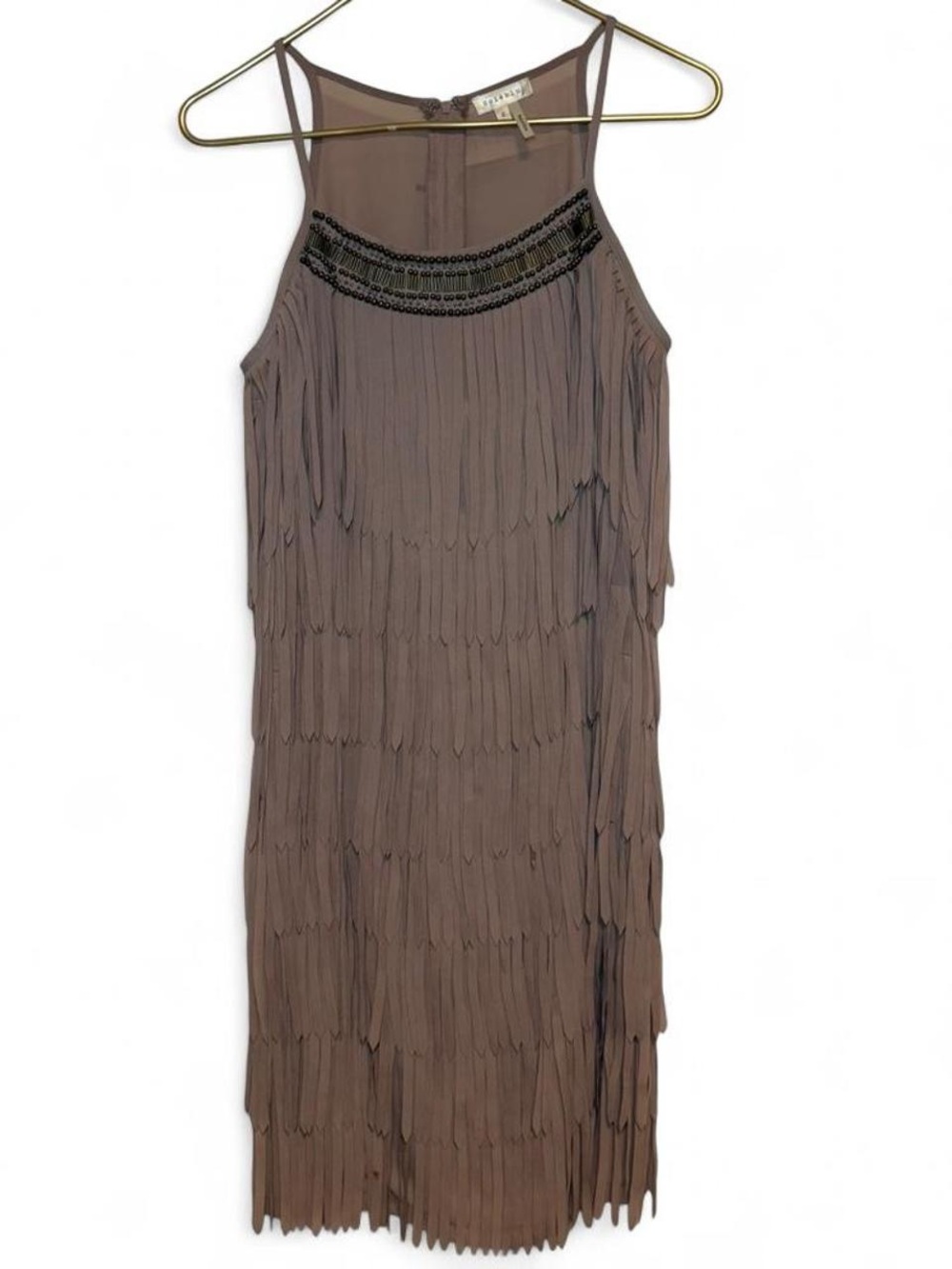 Soieblu Taupe Fringe Midi Dress with Beaded Neckline